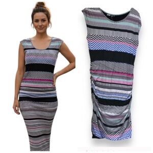 KUT from The Kloth NEW Jersey Ruched Stretch Striped Midi Dress Minimalist Lined